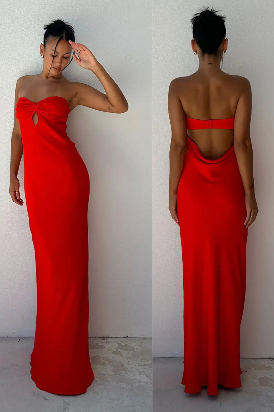 Meshki Maxi Dress Antonella Strapless Keyhole Open Back Sexy Boho Red NWT Size S